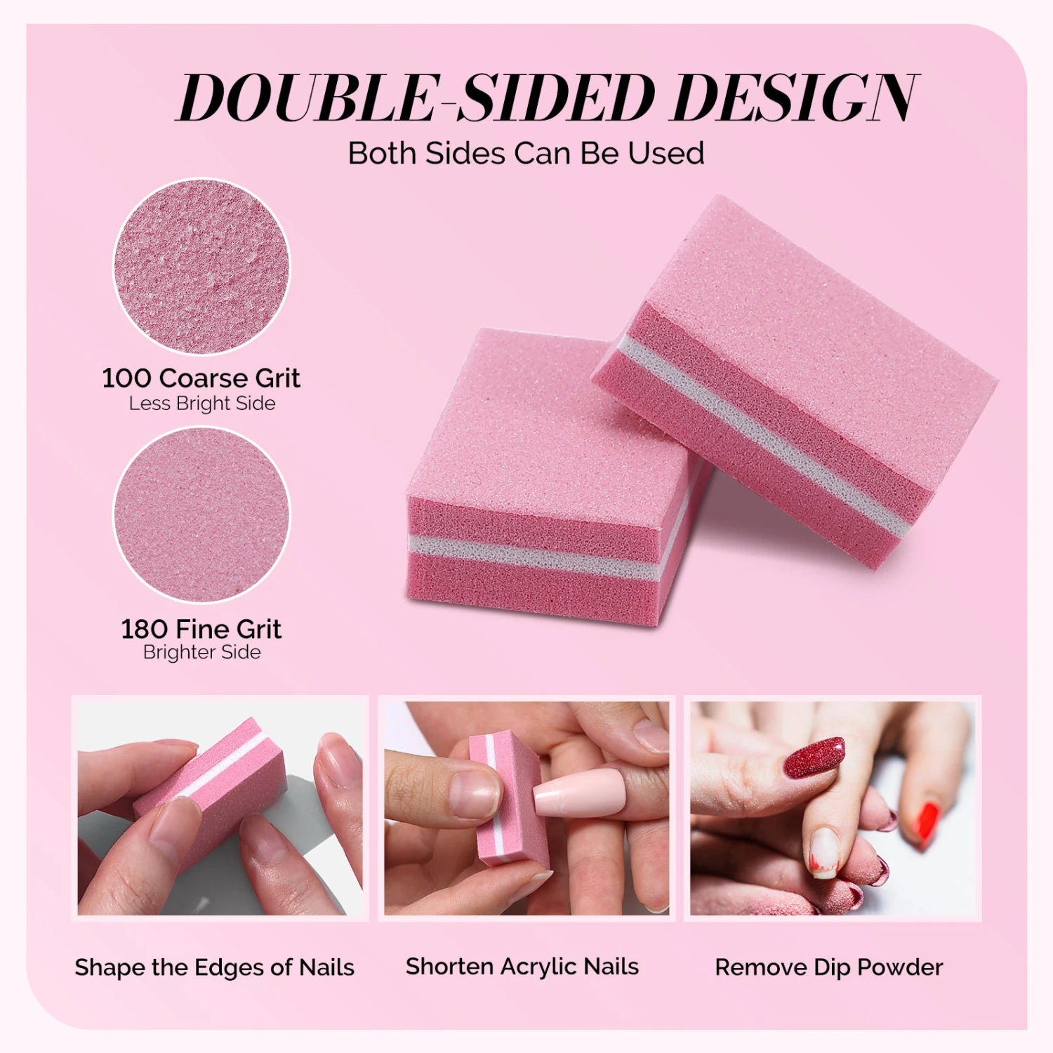 50Pcs Mini Nail Buffer Block 100/180 Grit - Pink 4 50Pcs Mini Nail Buffer Block 100/180 Grit - Pink - Image 2